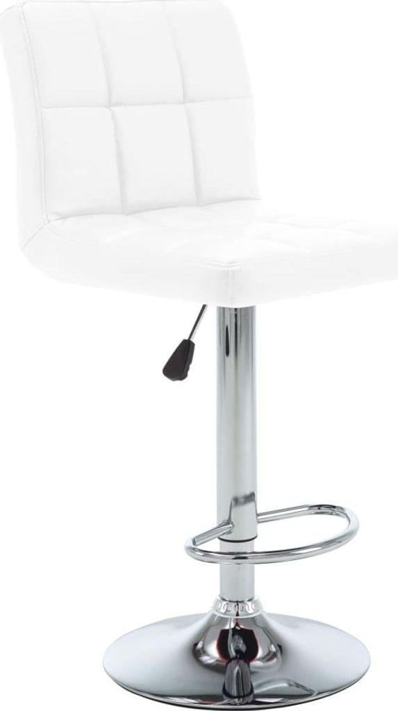 A white bar stool with a chrome base and adjustable height.