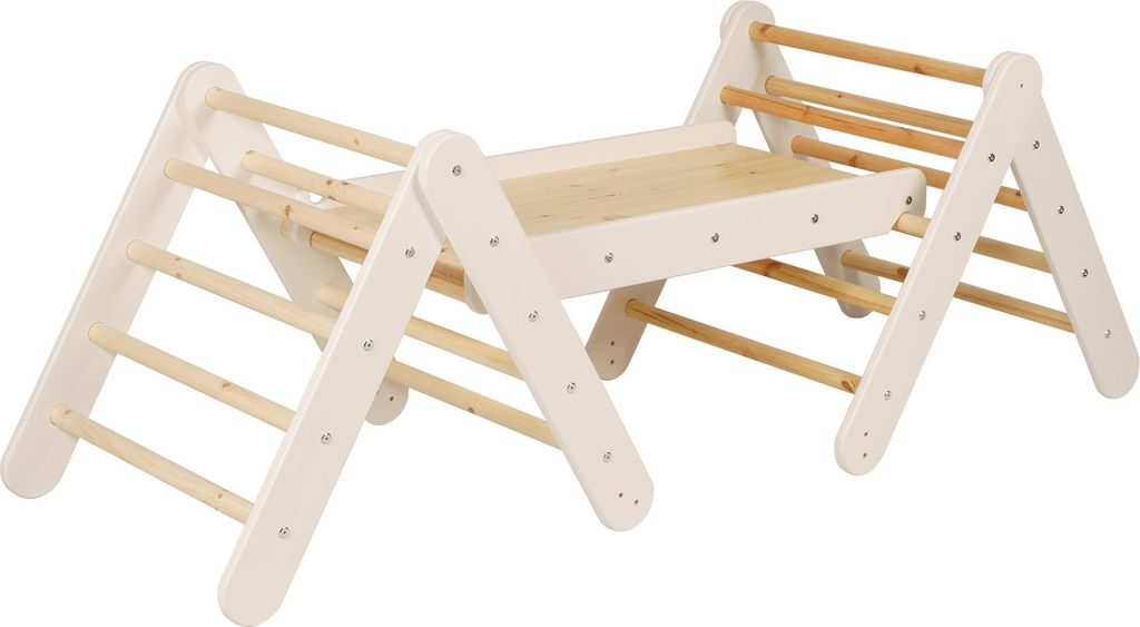 MEOWBABY Klettergerüst für Kinder - Indoor Set zwei Kletterdreiecke mit einer Rutsche/Kletterwand, Montessori Spielgeräte Pikler aus Holz, Weiß