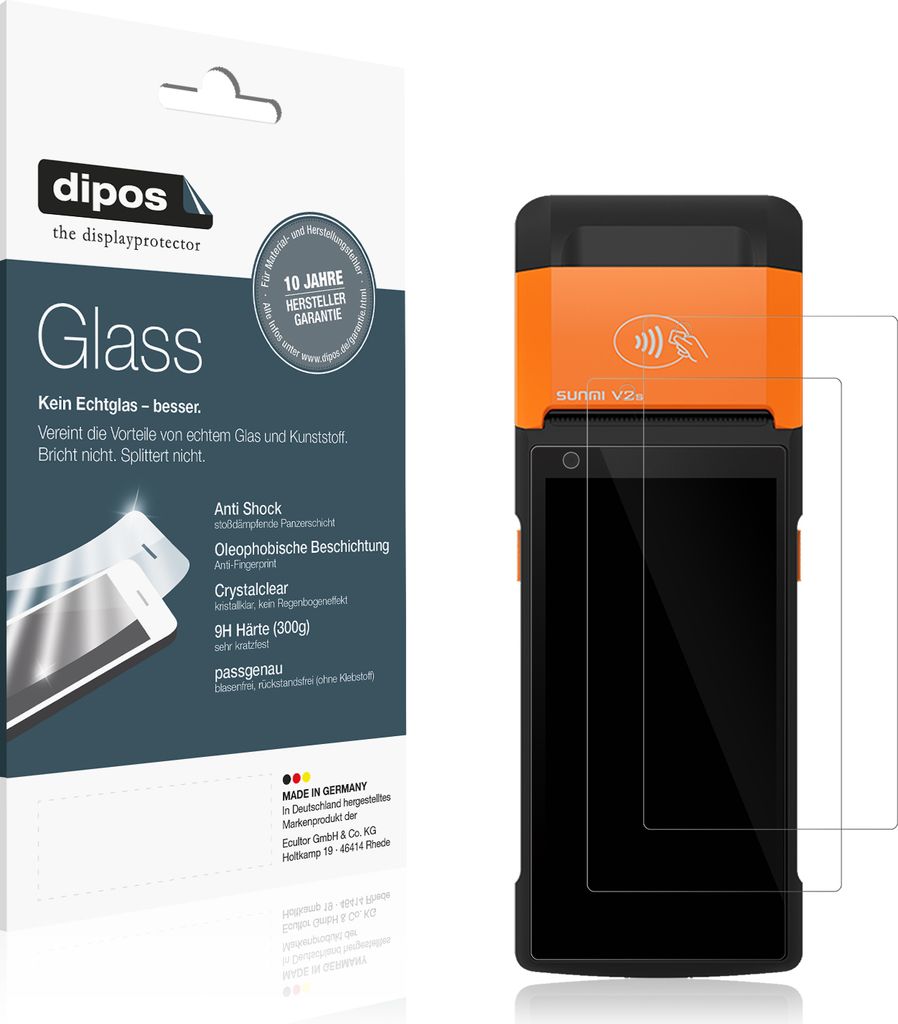 2x Schutzfolie für sunmi V2s - Anti-Shock 9H Folie dipos Glass Kunststoffglas