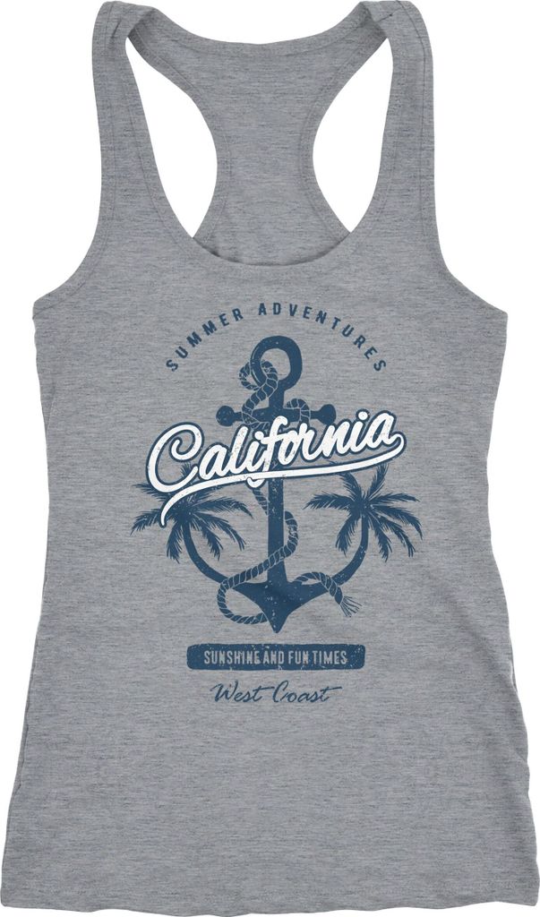 Damen Tank-Top Anker Palmen Anchor Palms Racerback Baumwolle Slim Fit Neverless grau-blau XXL