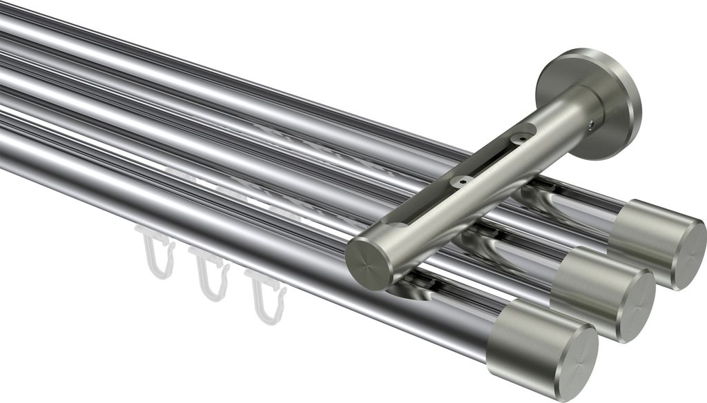Interdeco Innenlaufstange / Gardinenstange mit Innenlauf Chrom / Edelstahl-Optik, Typ Siteno Santo (Kappe), 20 mm Ø 3-läufig, 120 cm