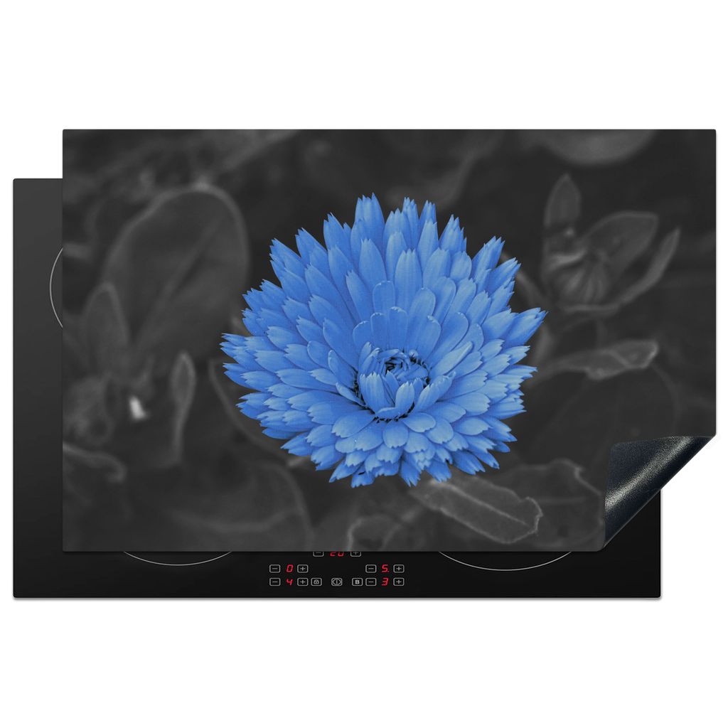 KitchenYeah Herdabdeckplatte Blumen - Schwarz - Weiß - Blau , 81x52cm, Küche Deko, Glaskeramikkochfeld Herdabdeckung, Abdeckplatte fùr Kochfeld