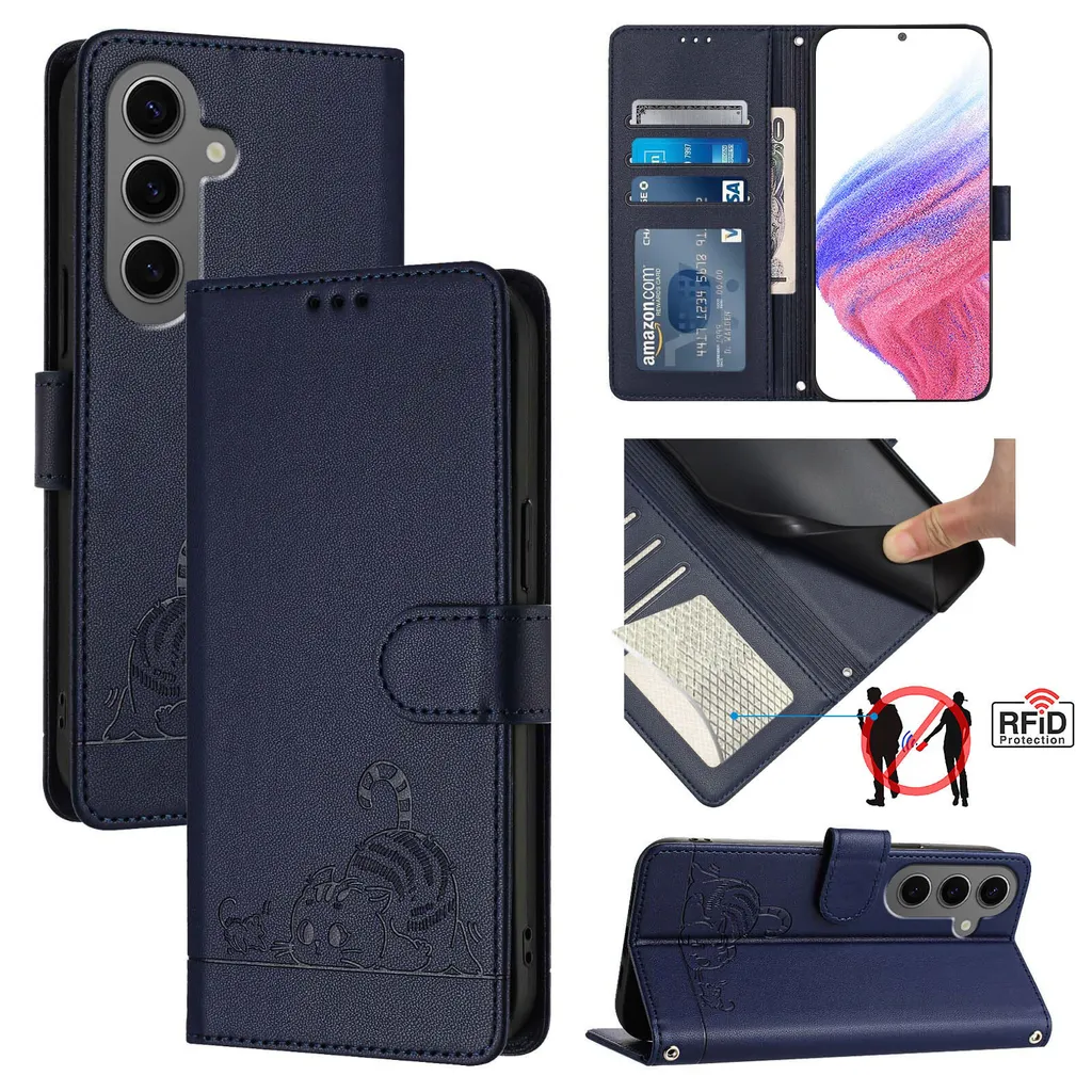 Custodia in Pelle Blu per Samsung S24+ | Gatto Dolce Flip Cover