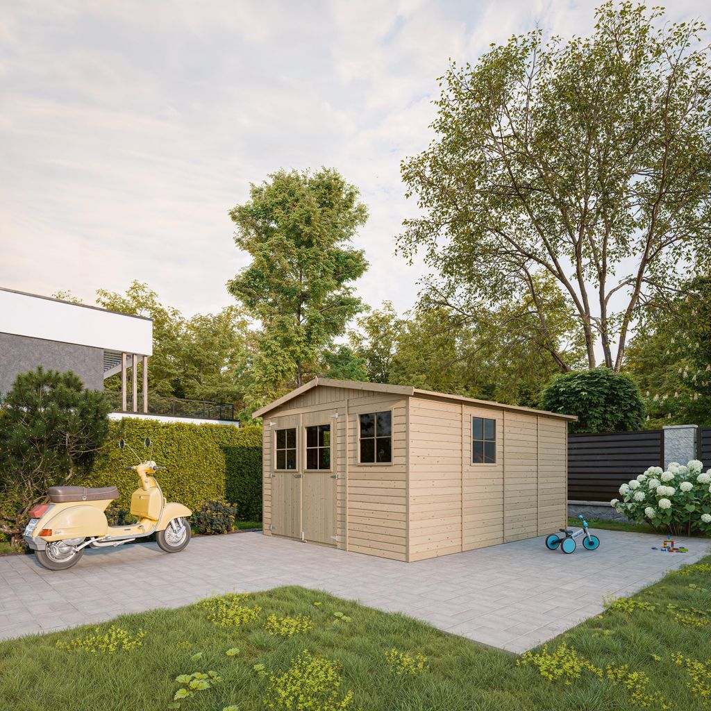 A wooden garden shed is shown in a backyard setting with a scooter and a bicycle nearby.