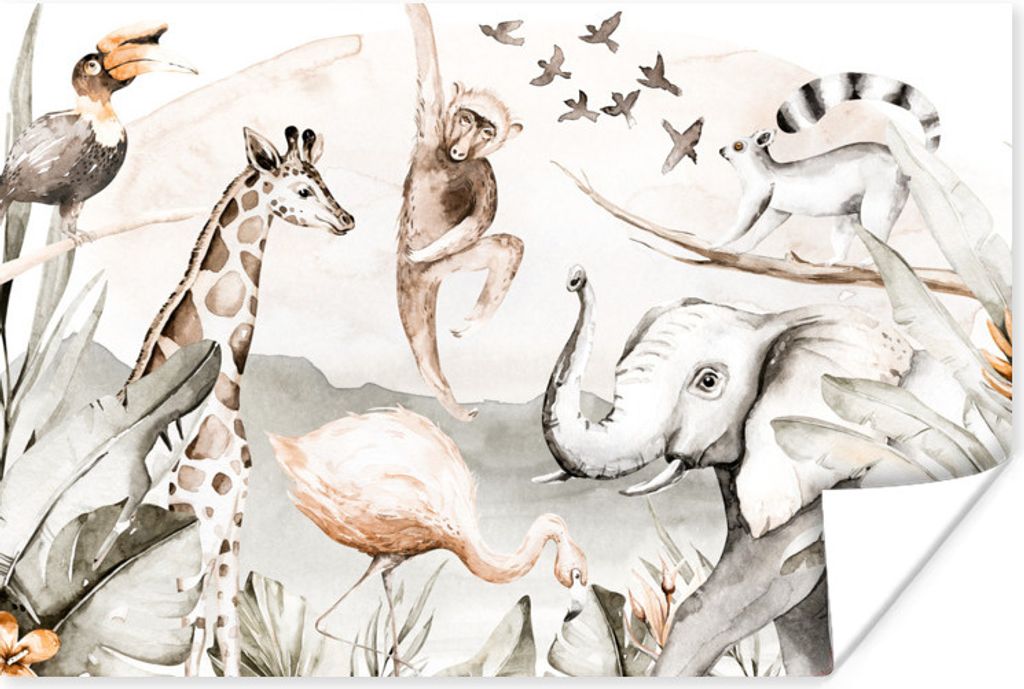 MuchoWow Poster Wasserfarben - Tiere - Dschungel - Jungen - Mädchen - Kinder - Kinder 180x120 cm - Fotoplakat
