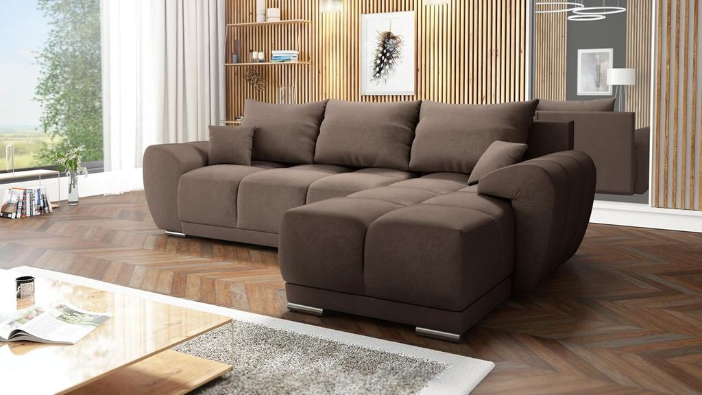 Easy Furniture Velvet Ecksofa in L-FORM Universelle Seitenauswahl 289 x 189 cm - Sofa mit Schlaffunktion - Schlafsofa mit Bettkasten - Farbe: Braun