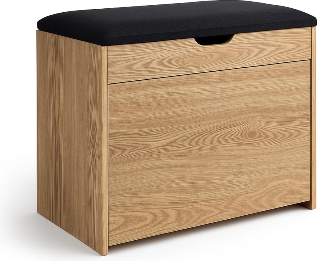 A shoe cabinet with a seat on top.