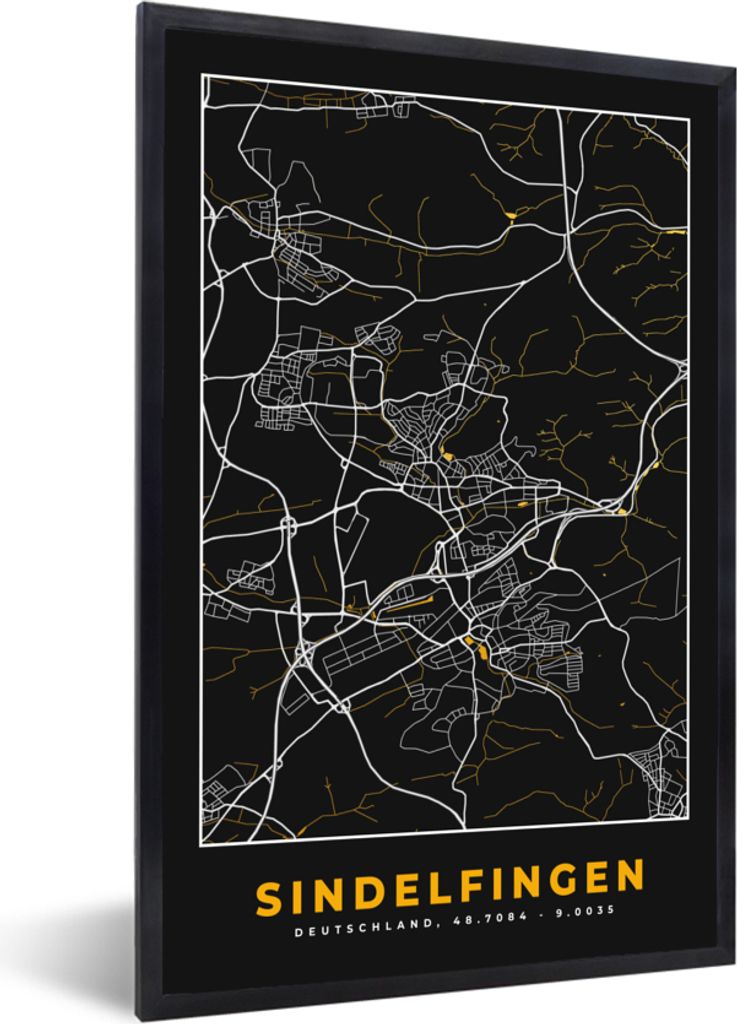 MuchoWow Gerahmtes Poster Deutschland - Schwarz und Gold - Sindelfingen - Stadtplan - Karte 20x30 cm - Poster mit Schwarzem Bilderrahmen Wandpost...