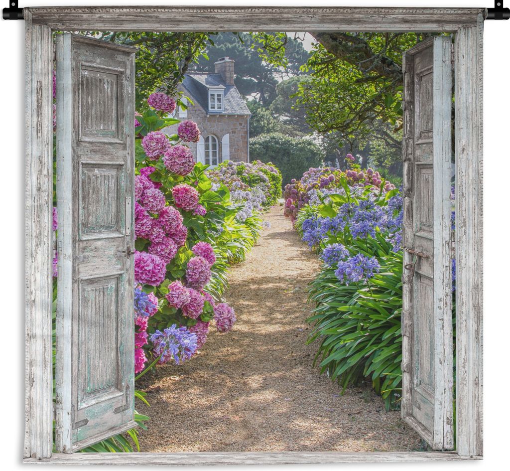 MuchoWow Wandteppich Wandbehang Durchblick - Hortensie - Blumen 60x60 cm Tapisserie Dekoration Wandtuch - Dekorationen - Wand Decke
