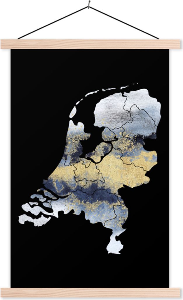 MuchoWow Textilposter Karte von Europa - Blau - Schwarz 60x90 cm mit holzfarbenen Rahmen - Textil