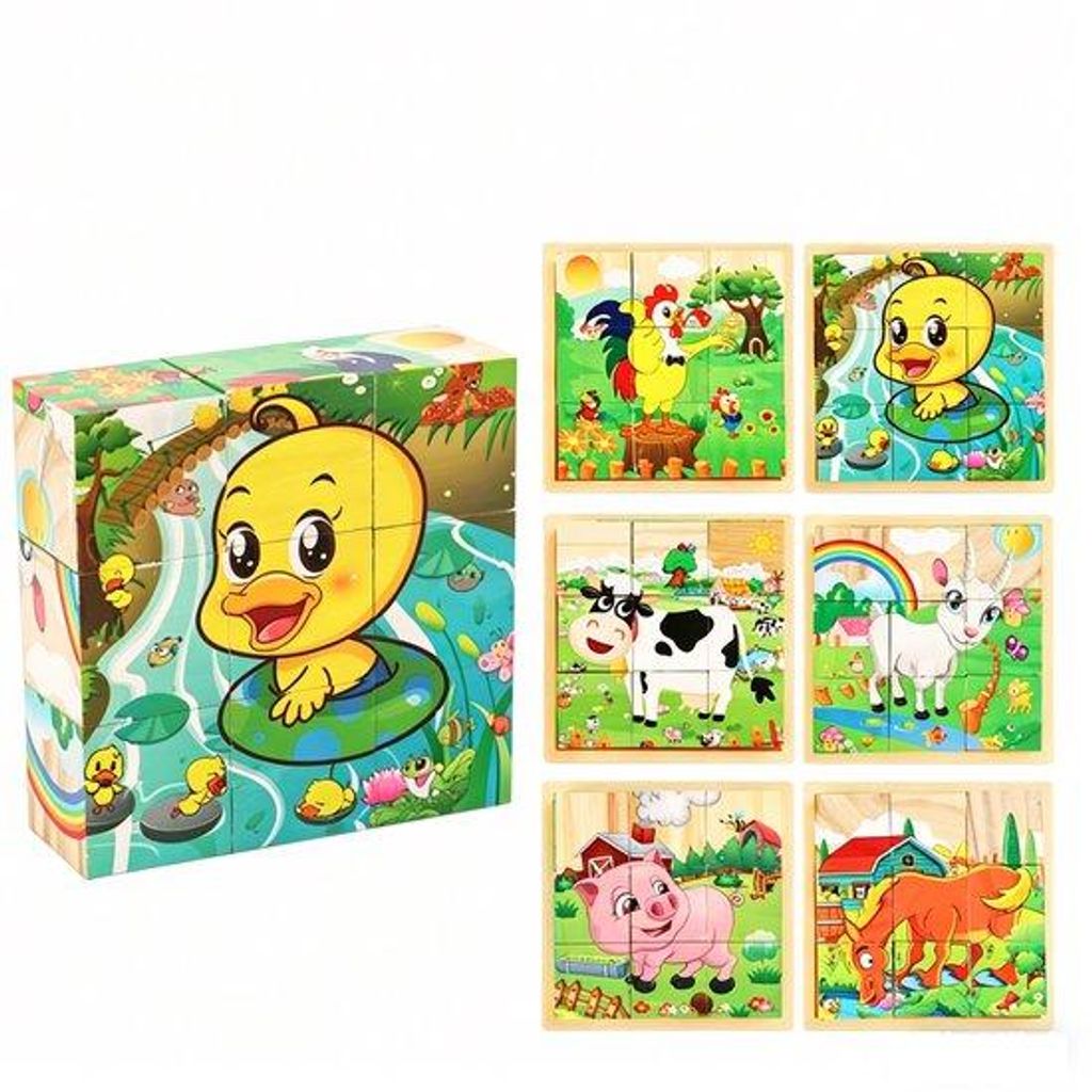 Holz Würfelpuzzle Kind – 6-in-1 Puzzle Bauernhof mit 9 Blöcken & Aufbewahrungsbox – Lernspielzeug ab 3 Jahre – pädagogisches Montessori Sp...
