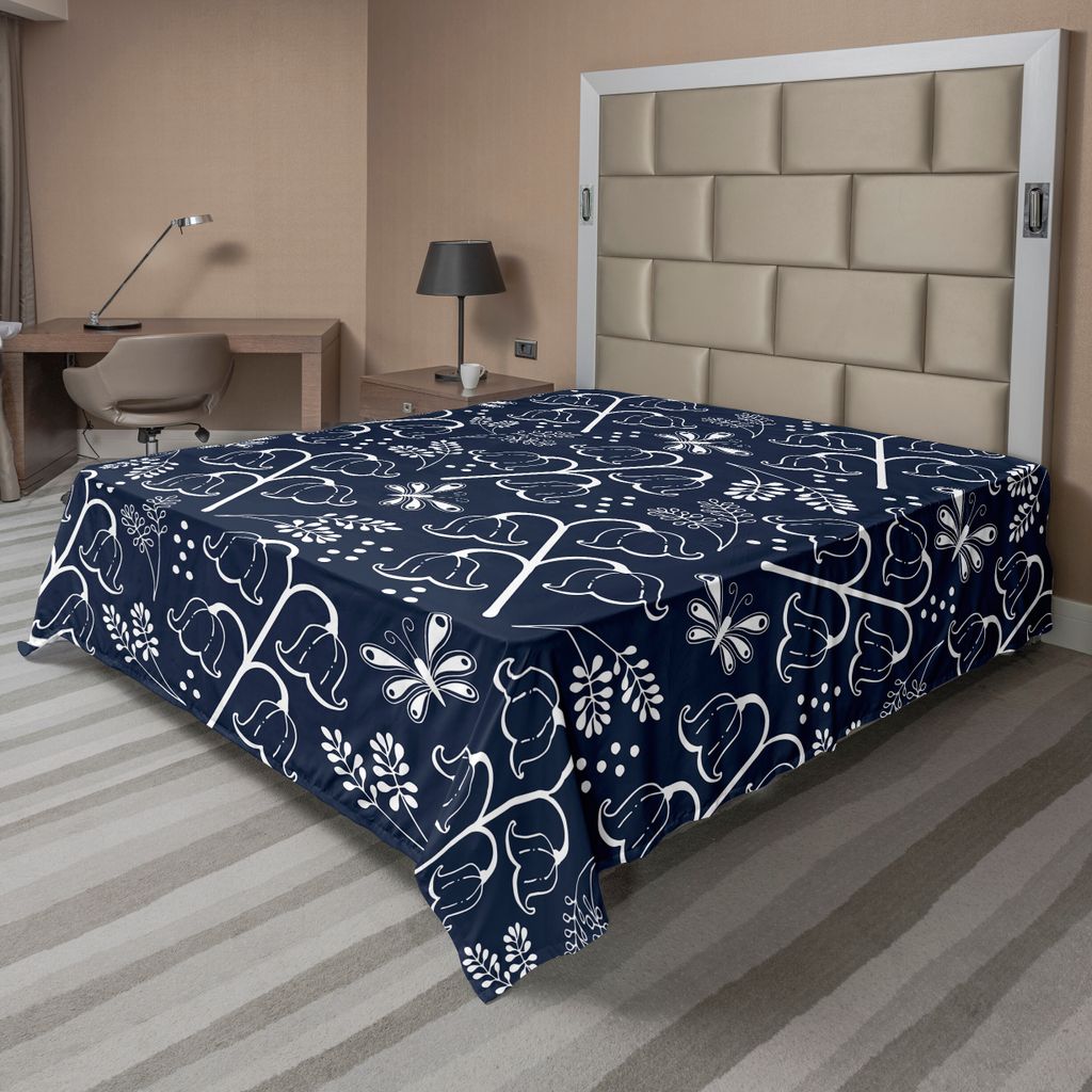 ABAKUHAUS Navy blau Bettlaken, Tulip Blaubell Flower Pattern Mit Laub Blatt Zweige Feminine Druck Bild, weiches bequemes oberes Bettlaken für ein ...