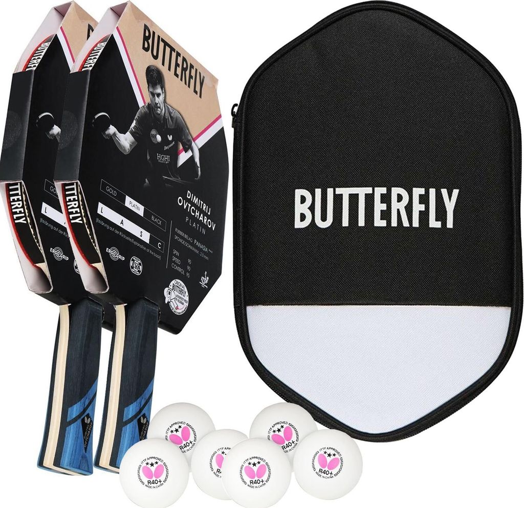 Butterfly 2x Dimitrij Ovtcharov Platin Tischtennisschläger + Tischtennishülle + 6x 40+ 3*** Tischtennisbälle
