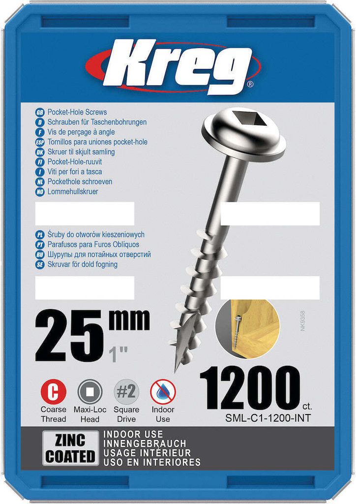 Kreg Pocket-Hole Schrauben 25 mm, Verzinkt, Maxi-Loc, Grobgewinde - 1200Stk.