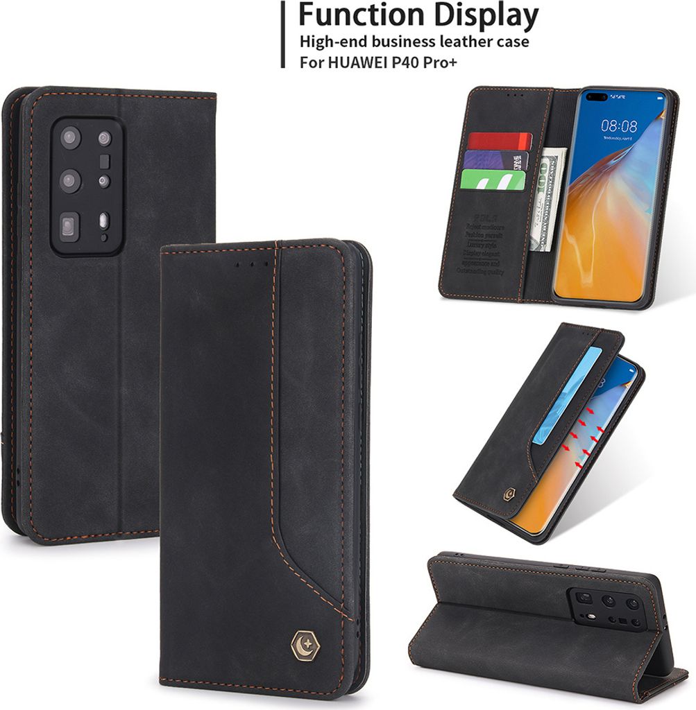 Huawei P40 Pro+ Hülle, LaimTop Retro Kunstledertasche Schutzhülle mit Kartenfach Standfunktion für Huawei P40 Pro Plus Schwarz