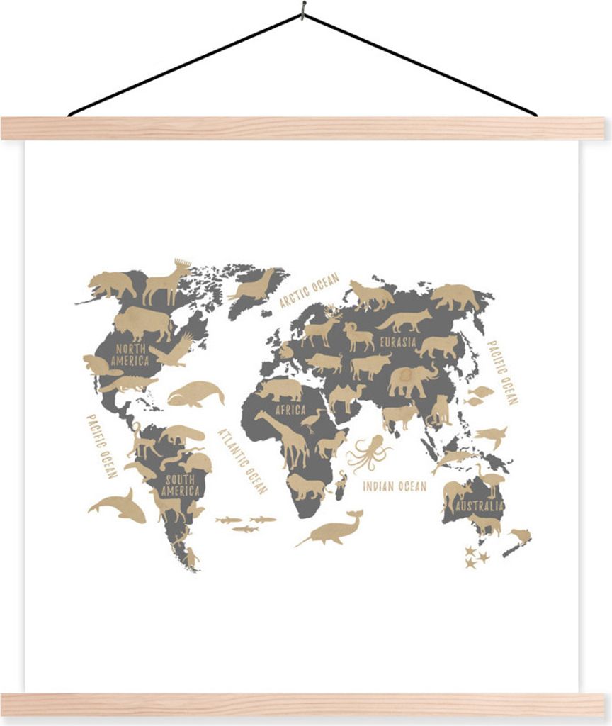 MuchoWow Textilposter Weltkarte Kinder - Braun - Tiere 60x60 cm mit holzfarbenen Rahmen - Wanddekoration