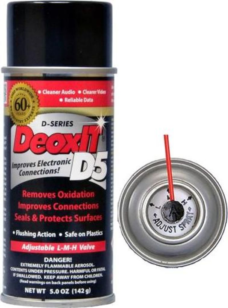 A can of DeoxIT D5 electronic cleaner and its top view with the nozzle.