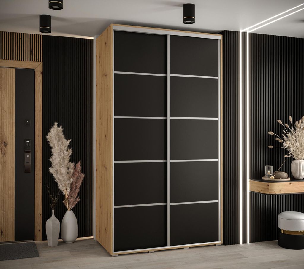 Kleiderschrank YVONA 4 - 140/60 cm, Eiche handwerklich / schwarz / silber