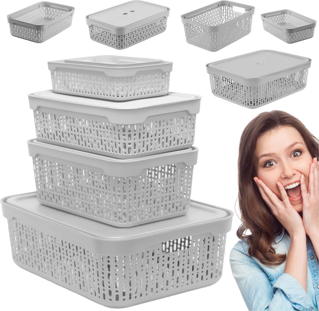 5X Aufbewahrungskorb Korb mit Deckel Aufbewahrungskiste Aufbewahrungsbox aus Plastik Grau