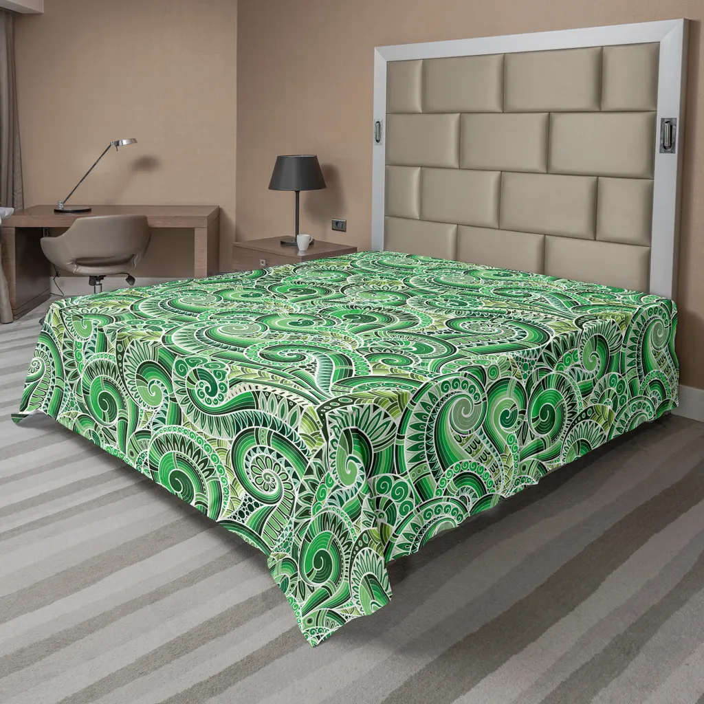 Drap Plat Décoratif Motif Floral Rétro pour Grand Lit - Coton Doux Vert