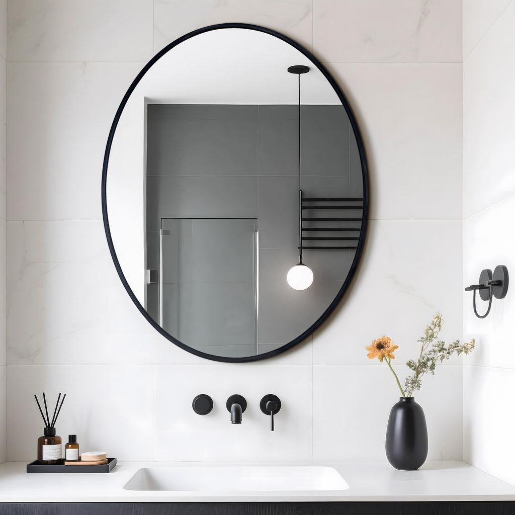A modern bathroom vanity area with a large oval mirror above a sink.