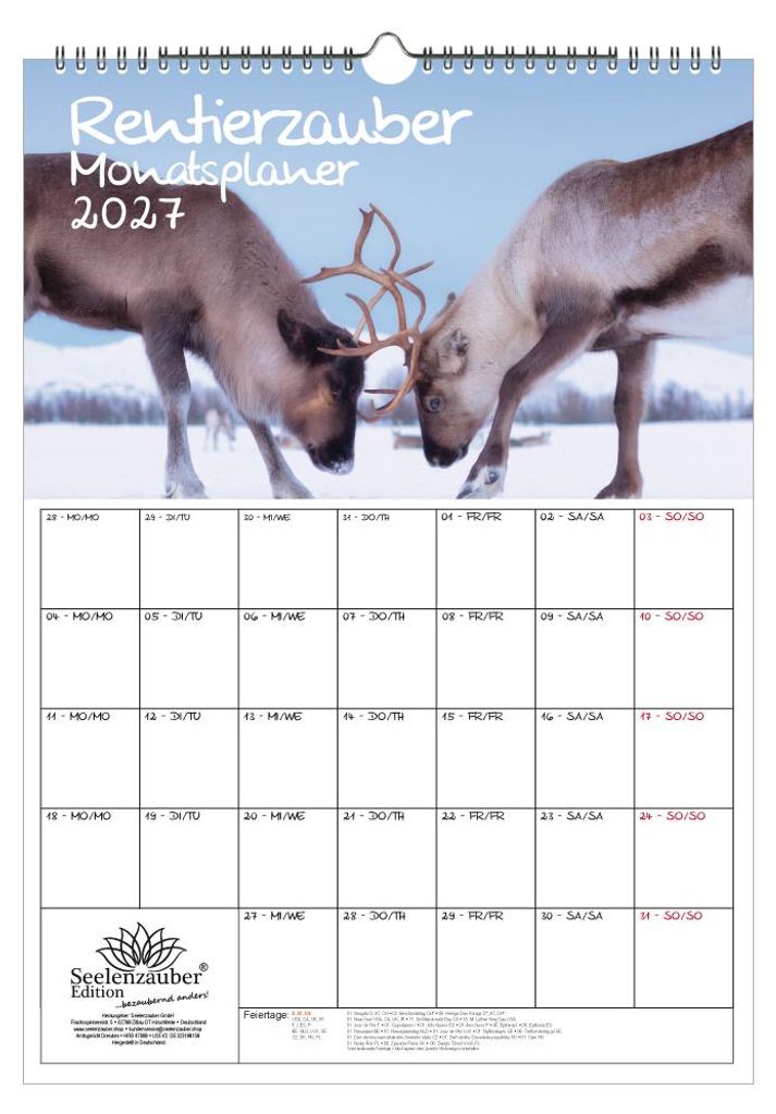 Tierzauber Rentiere Planer DIN A3 Kalender für 2027 - Seelenzauber