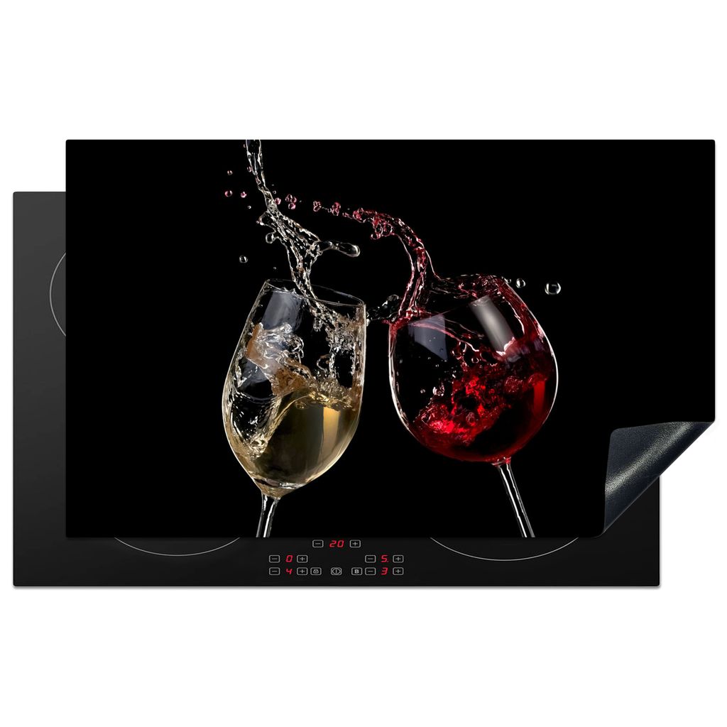 KitchenYeah Herdabdeckplatte Rotwein - Weißwein - Glas - Schwarz , 85x52cm, Küche Deko, Glaskeramikkochfeld Herdabdeckung, Abdeckplatte fùr Ko...