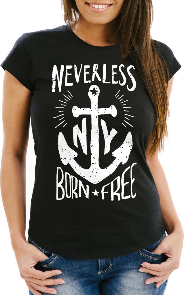 Damen T-Shirt Anker Born Free Anchor Sailing Slim Fit Neverless schwarz XS