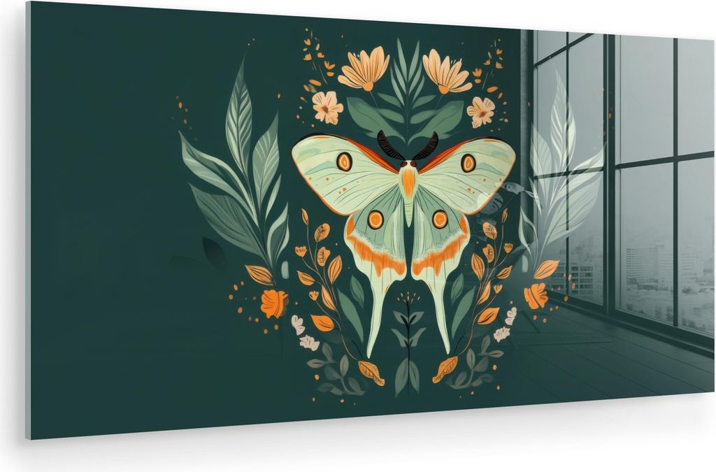 MuchoWow Glasbilder - Bilder auf Wandbild - Foto auf Glas Ornamental - Schmetterling - Grün - Blätter 80x40 cm Wanddekoration aus Glas - Acrylgla...
