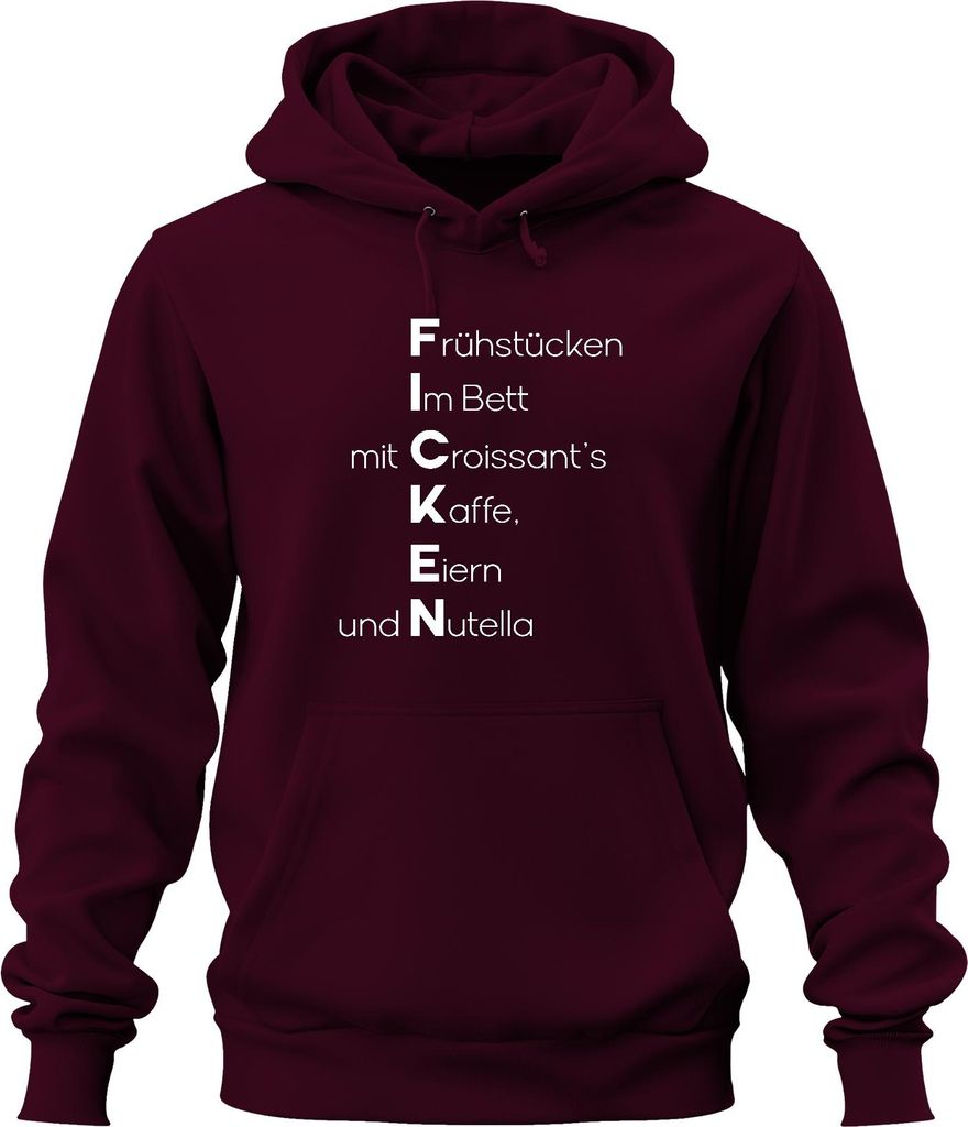 Frühstück im Bett mit Croissant Kaffee Schokocreme Lustig Spruch Uni Hoodie Kapuzenpullover, Burgundy, L