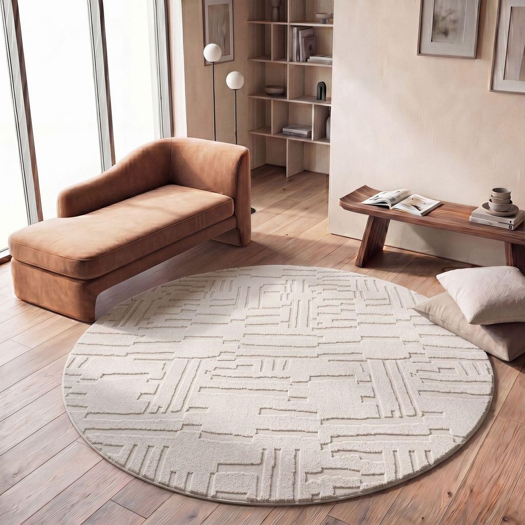 TT Home Wohnzimmer Teppich Schlafzimmer Hochflor Waschbar Skandinavisches Design Geometrisch Abstrakt Boho Stil Einfarbig 3D Größe 160 cm Rund