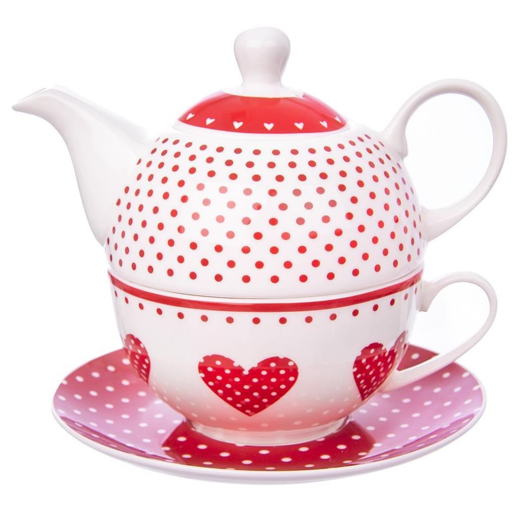 A tea set consisting of a teapot, cup, and saucer, decorated with red polka dots and hearts.