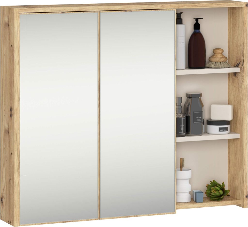 Badezimmer-Hängeschrank VAMI mit Spiegel Artisan Eiche, Kaschmir B90xH75xT15 cm