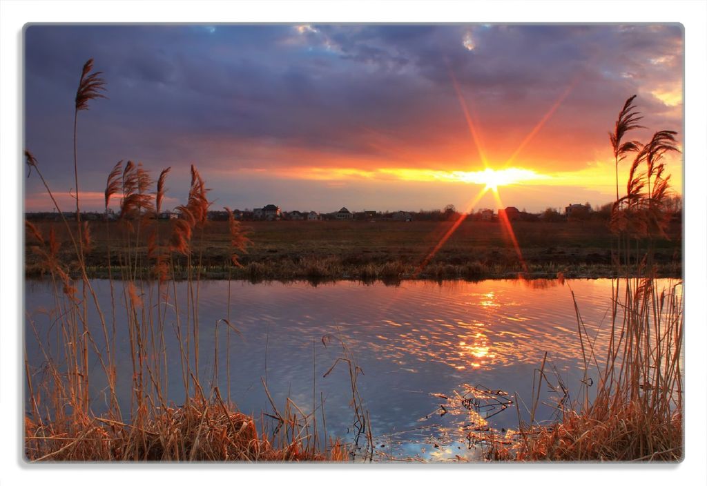 Wallario Frühstücksbrettchen aus Glas 20 x 30 cm mit rutschfesten Füßen, Motiv Sonnenuntergang über dem Fluss, Gräser im Wind