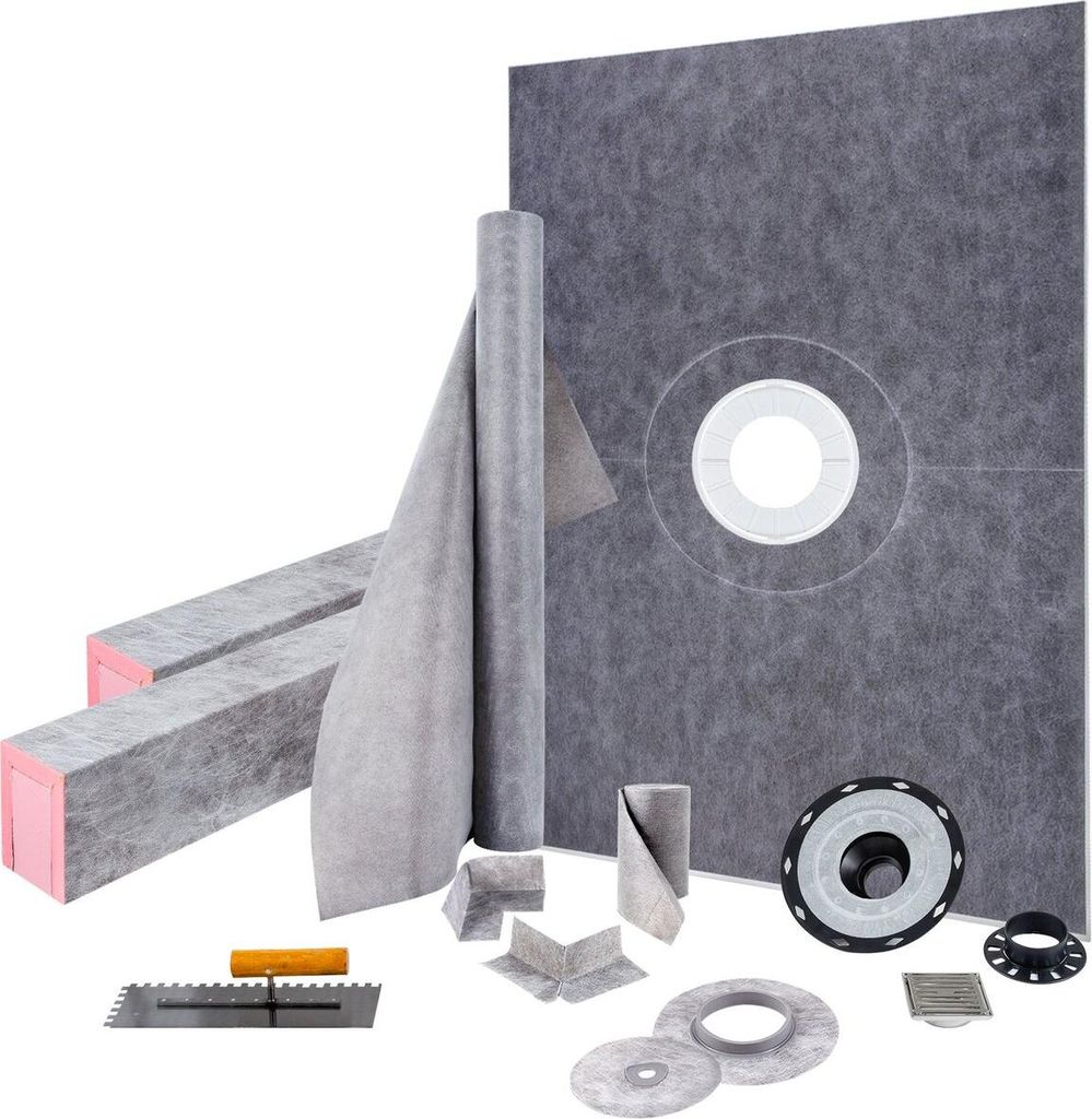 Duschschwellen-Set, 38" x 60" wasserdichte Duschschwellenauflage aus ABS mit 4" ABS-Zentralverbindungsflansch, 4" Edelstahlrost und Kelle, zuschnei...
