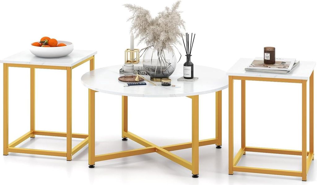 Set mit 3 Couchtischen mit stabilem Gestell aus Eisen, Set mit 3 Couchtischen, 1 runden Couchtisch und 2 quadratischen Tischen mit, weiß
