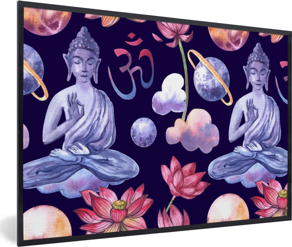 MuchoWow MuchoWow Gerahmtes Poster Buddha - Planeten - Muster 30x20 cm - Poster mit zchwarzem Bilderrahmen - Kunstdruck - Bild-Poster