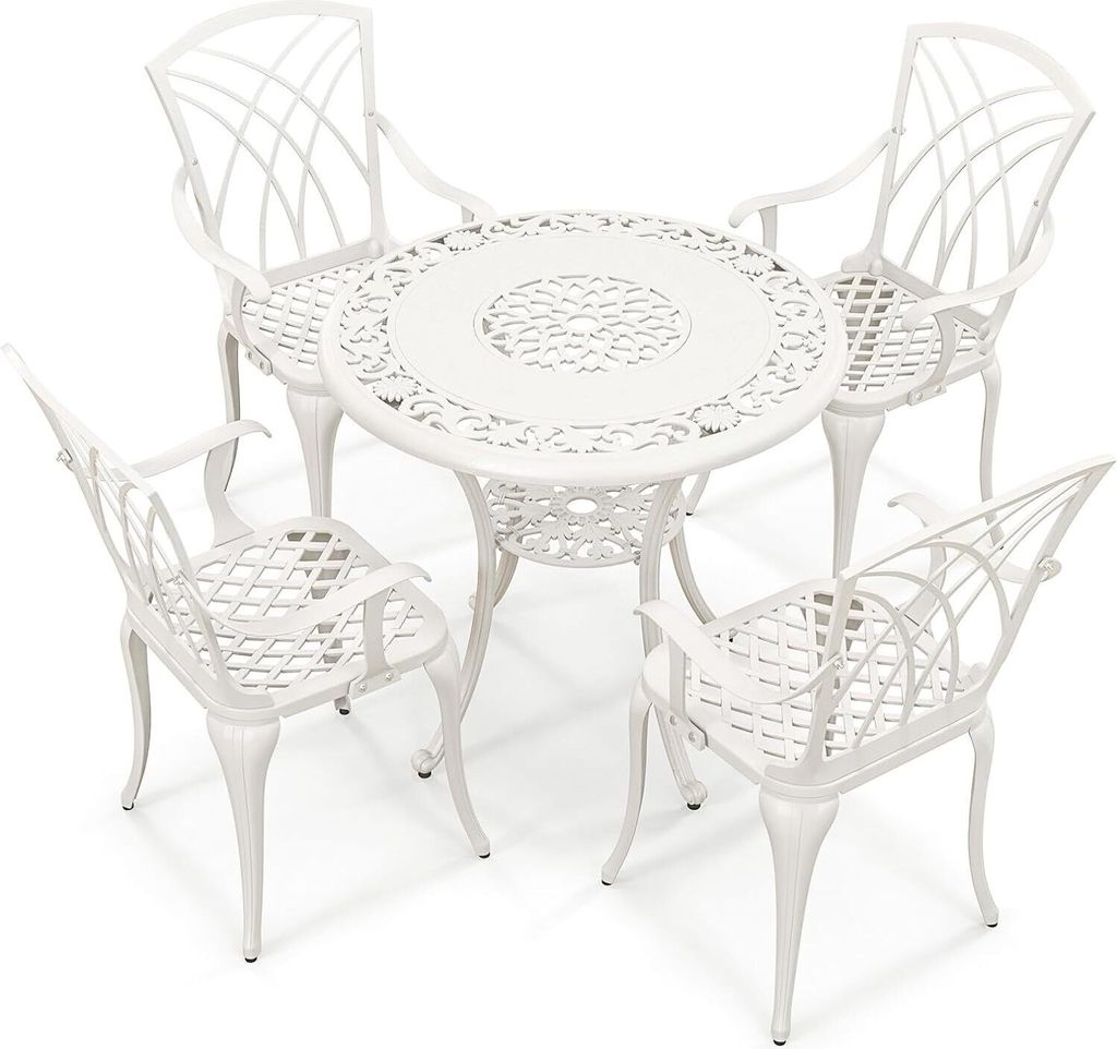 KOMFOTTEU 5 TLG. Gartenmöbel Set, Gartentisch mit Schirmloch, Bistrotisch mit 4 Gartenstühle, wetterfestes Bistroset aus Aluminium, Sitzgarnitur ...