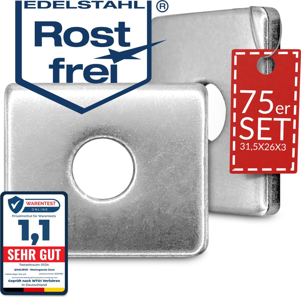 75x Qualinos Klemmplatten für Doppelstabmattenzaun 31,5x26x3 mm Edelstahl V2A - 3mm Stark & Rostfrei - Germany - Massive Zaunhalterung