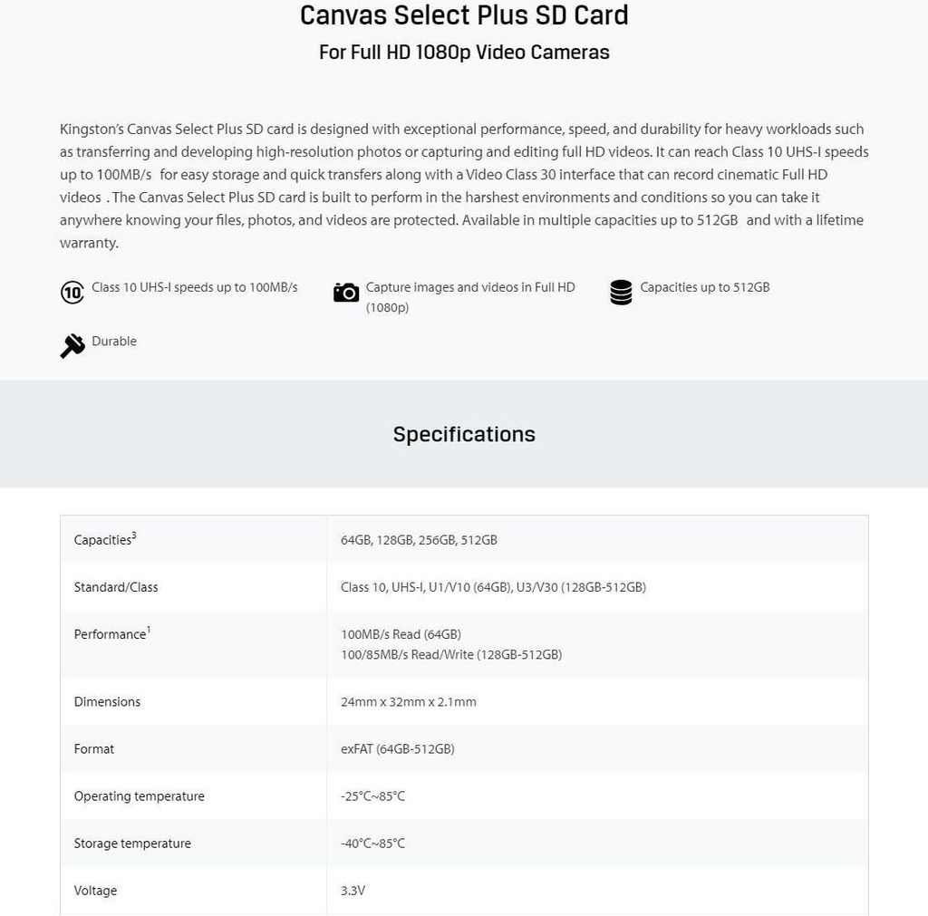 Kingston SDXC Canvas Select Plus C10 UHS-I U3 V30, 128GB Produktbild 9