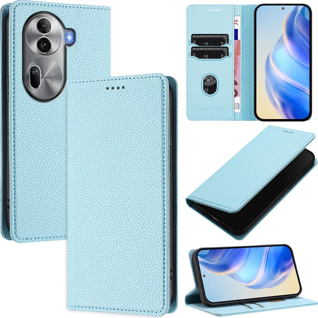 Litchi Leder Handyhülle für Oppo Reno11 Pro Wallet Kartenfächer Standfunktion Hülle Hellblau