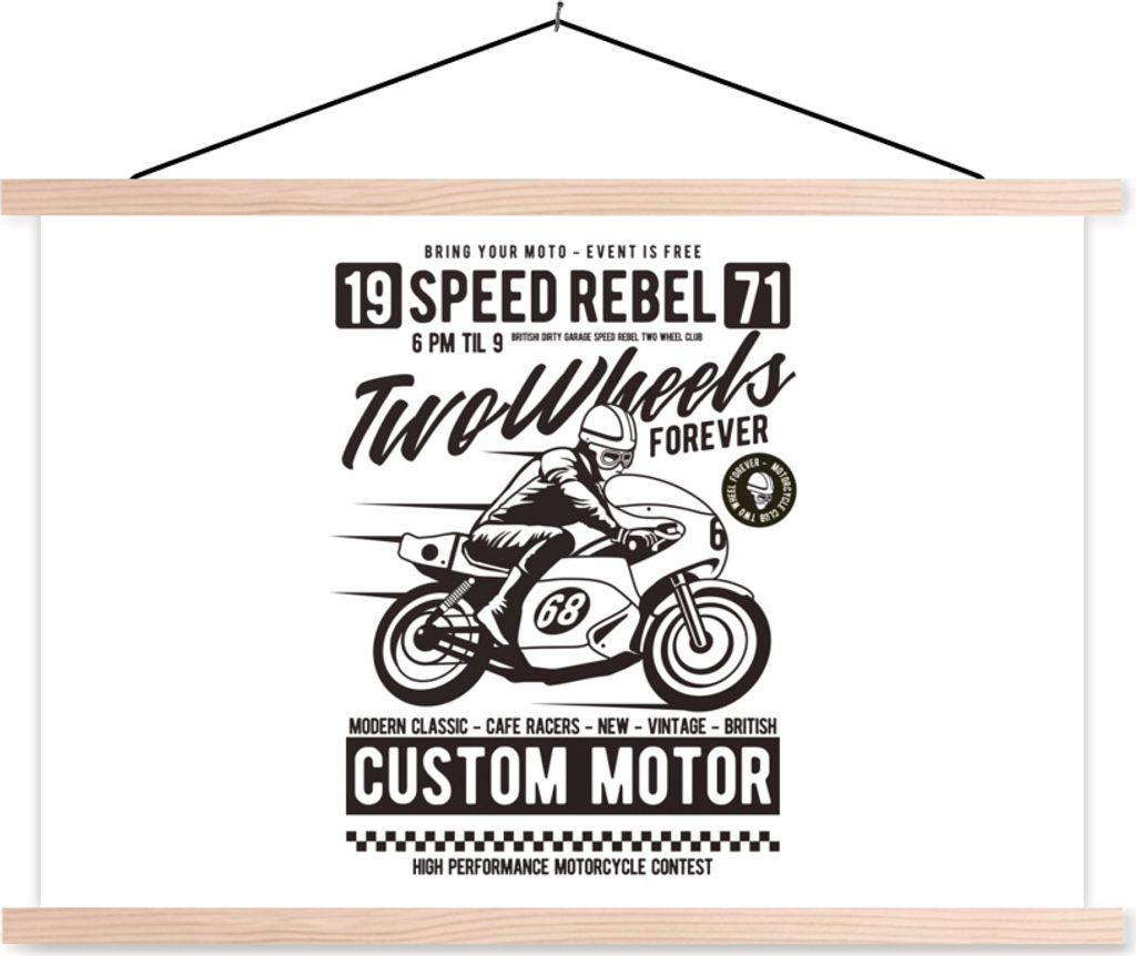 MuchoWow Textilposter Motorrad - Mann - Helm - Vintage 60x40 cm mit holzfarbenen Rahmen - Bilder