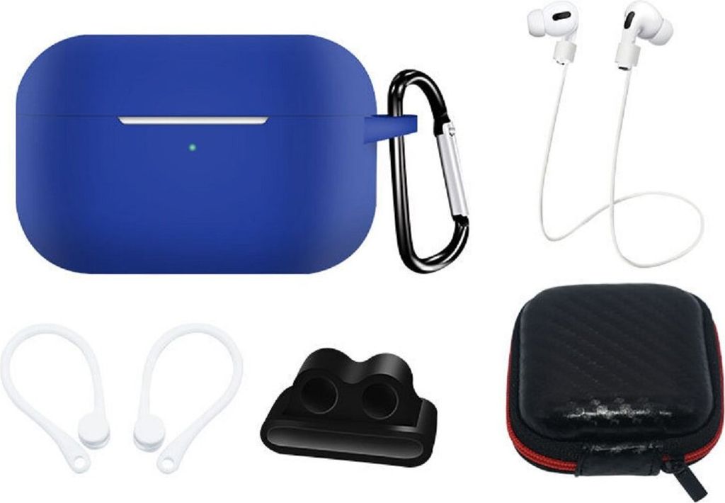 AirPods Pro 2 / AirPods Pro 1 Silikonhülle + Etui / Ohrbügel / Umhängeband / Uhrenarmbandhalter / Karabiner-Set - Blau