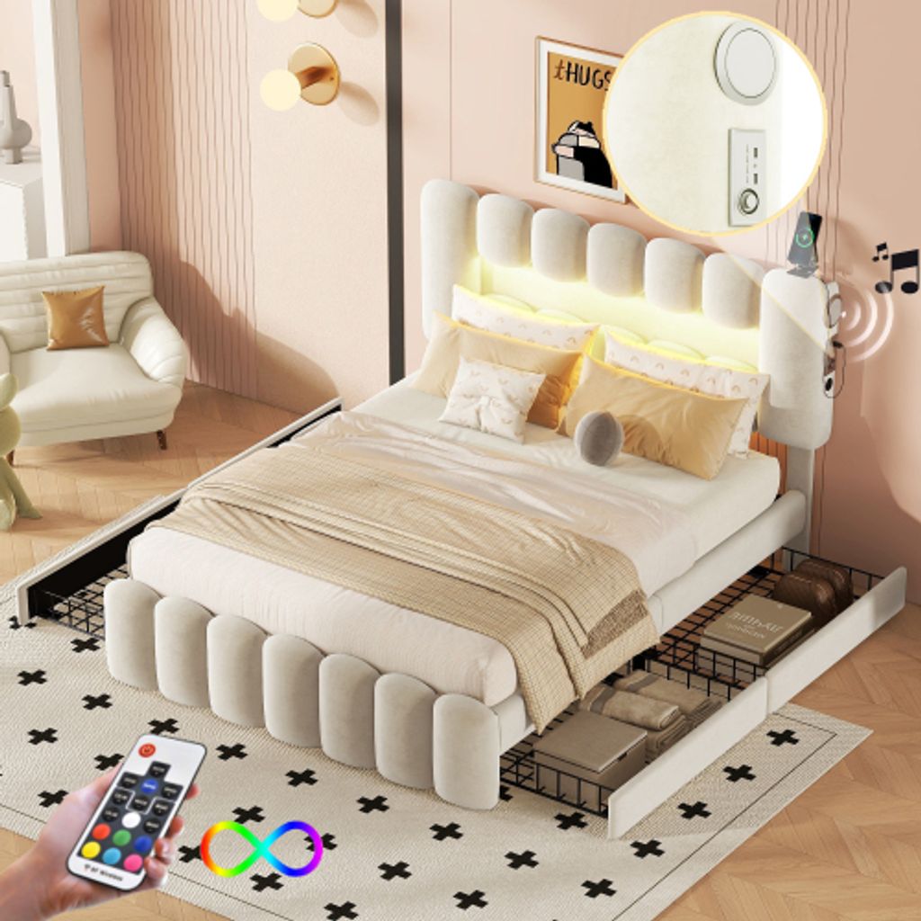 ProximaX Polsterbett 140x200 cm LED Doppelbett mit Stauraum, Stauraumbett mit Lattenrost, 4 Schubladen, Stereoanlage & USB-Ladefunktion, Bettrahmen...