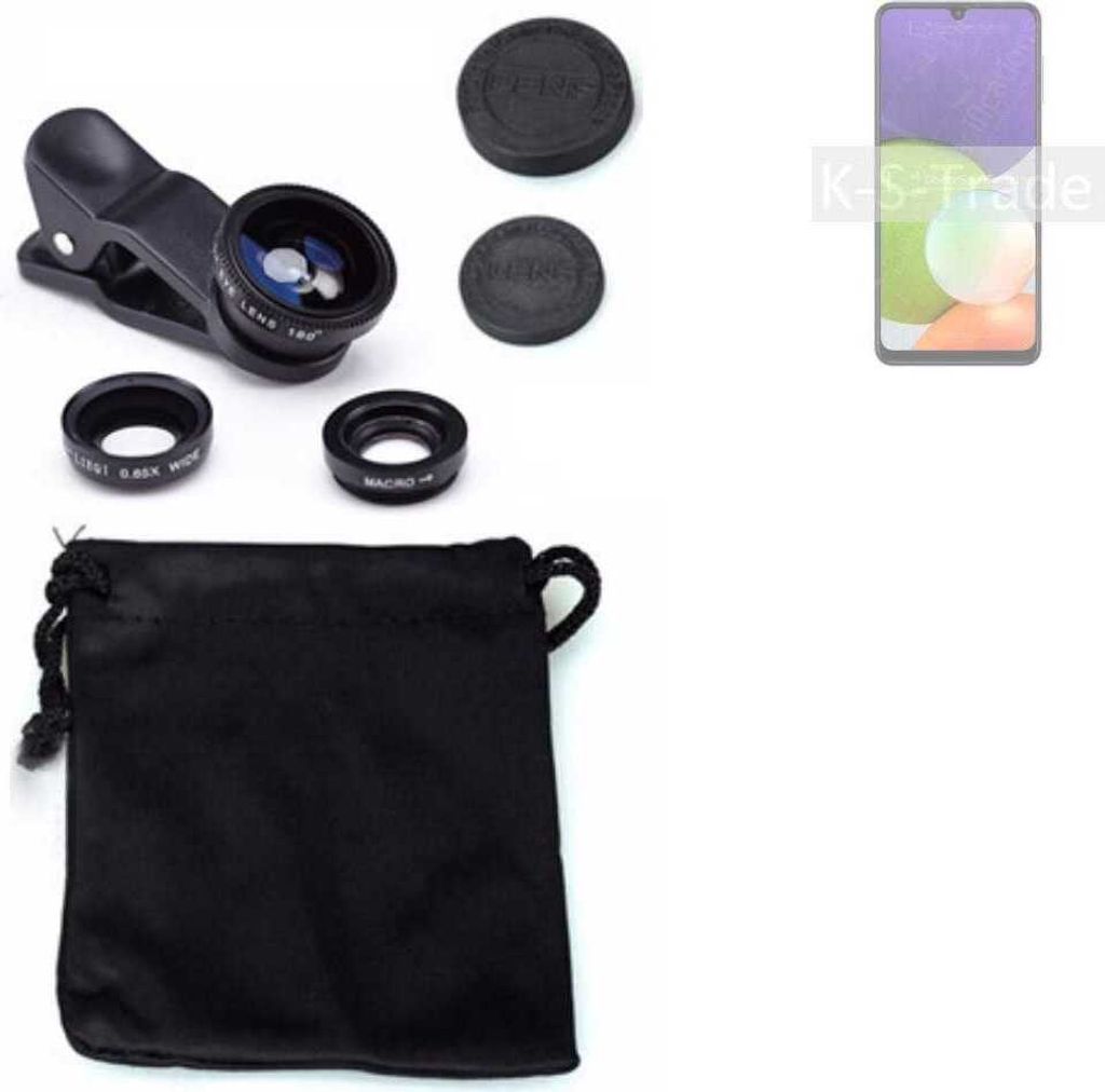 K-S-Trade Smartphone Kamera Linsen Set Kompatibel mit Samsung Galaxy A22 3in1 Clip-On Kamera Adapter Macro Weitwinkel FishEye Fischauge Objektiv Linse