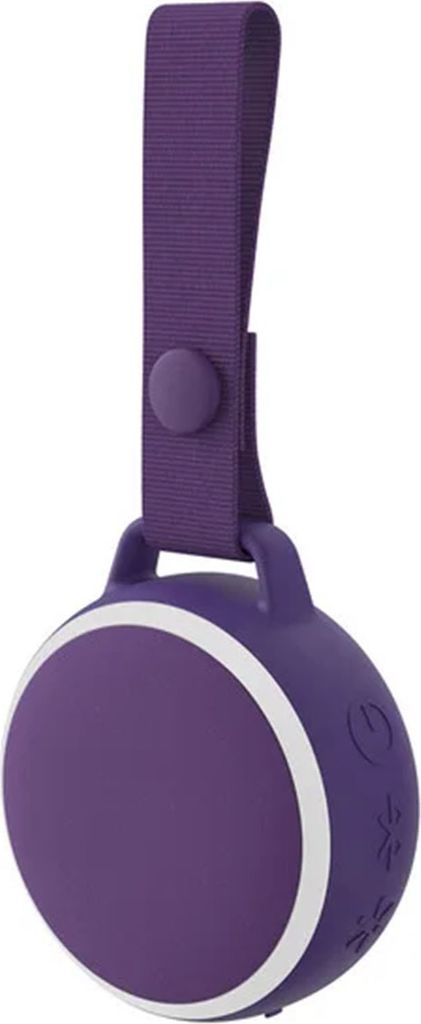 A purple Bluetooth speaker with a white stripe and a hanging loop is shown against a white background.