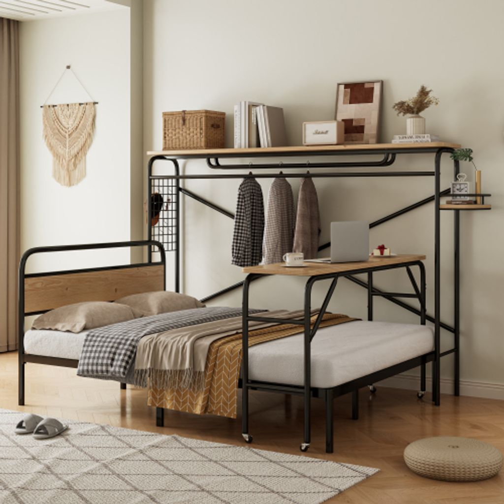 MODFU Jugendbett Metallbett 140x200cm mit Tisch und Vertikaler Garderobenständer,Kompletter Satz Schlafzimmermöbel,Schwarz + Natur(Ohne Matratze)