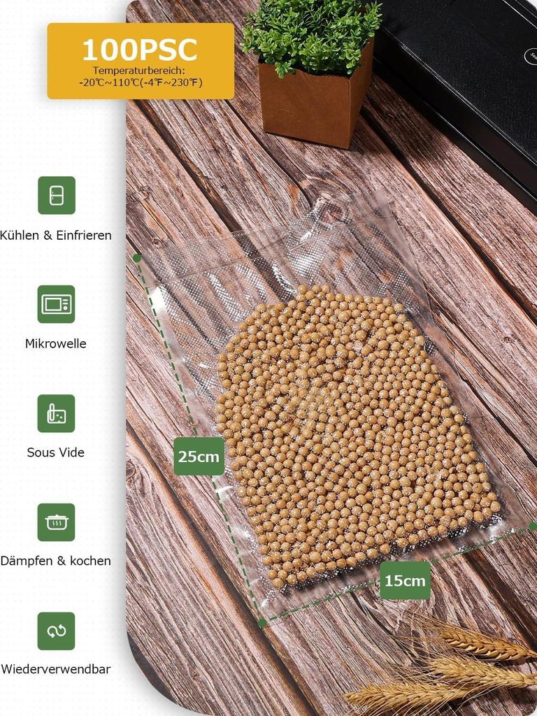 Vakuumierbeutel - BPA-frei - Set von 100 - 15 x 25 cm