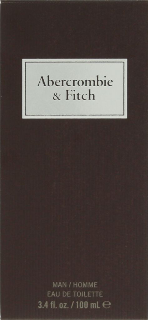 The image shows the front of a dark brown perfume box for Abercrombie & Fitch First Instinct Eau de Toilette.