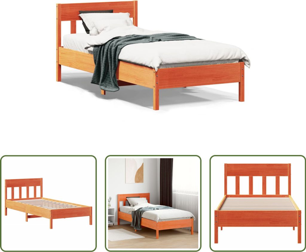 The Living Store Massivholzbett mit Kopfteil Wachsbraun Produktbild 